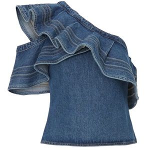 Self-Portrait Denim Asymmetric Frill Top